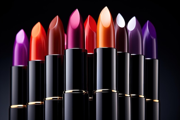 Colorful lipsticks and lipgloss on a black background showcasing a professional makeup palette and t