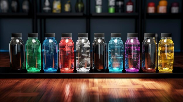 Colorful liquid in clear bottles on a shelf against a dark background