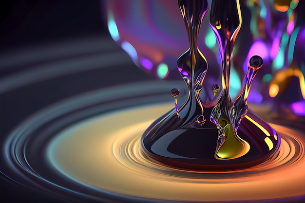 A colorful liquid droplet is on a black background