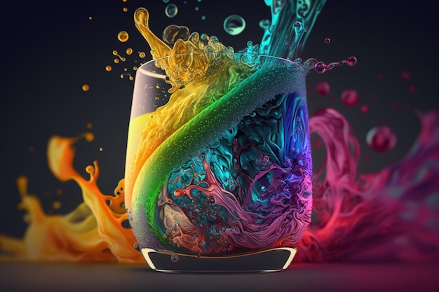 A colorful liquid is poured into a glass with the word water on it.