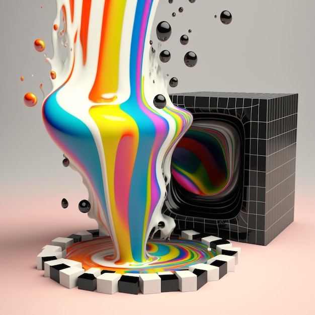 A colorful liquid is pouring into a black box.