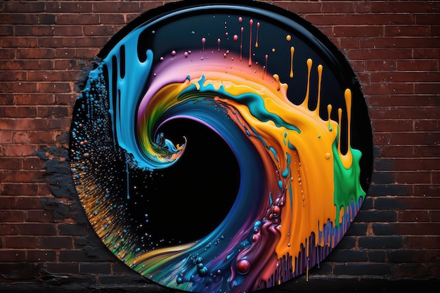 Colorful liquid paints in circle on brick wall generative ai