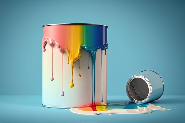 Photo colorful liquid rainbow splash over paint can on blue background ai