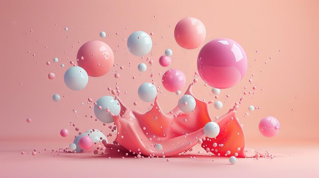 Colorful liquid and sphere splash on pink background Dynamic fluid art concept