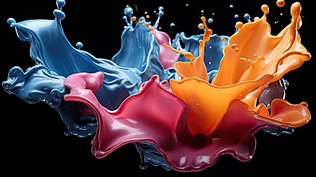 Colorful liquid splashes on black surface in closeup Generative AI