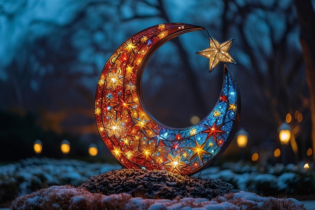 Photo a colorful lit up image of a crescent moon and star