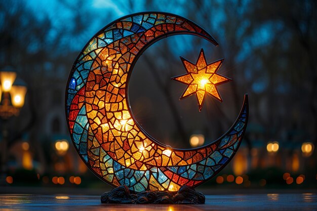 Photo a colorful lit up image of a crescent moon and star