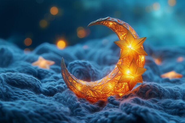 Photo a colorful lit up image of a crescent moon and star