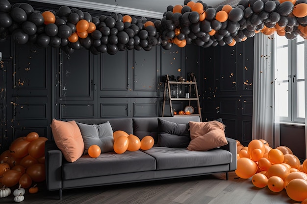 Colorful Living Room Filled with Floating Balloons Generative AI