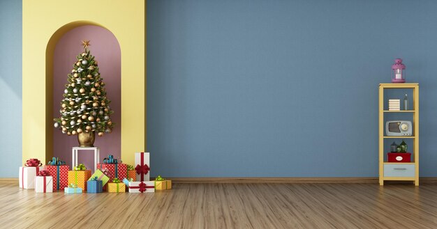 Photo colorful living room with christmas tree in a niche with gifts and small bookshelf 3d rendering