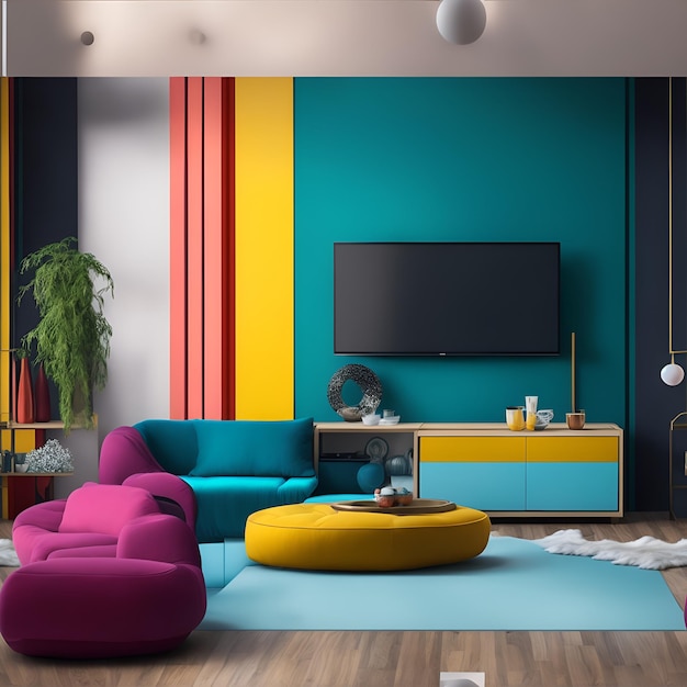 A colorful living room with a contemporary minimalist design