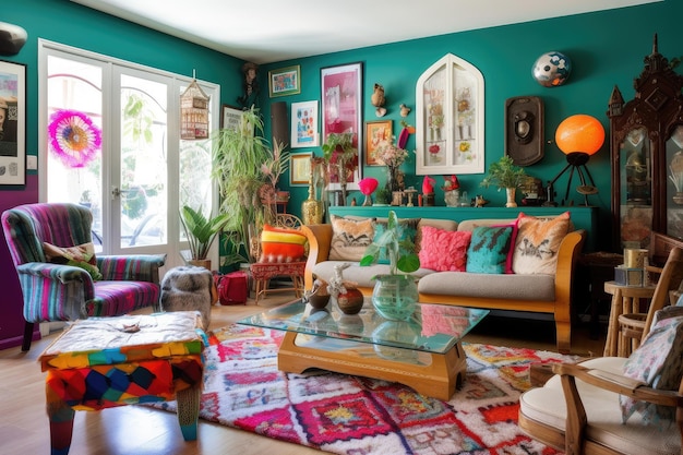 Colorful living room with eclectic furniture and vintage accents