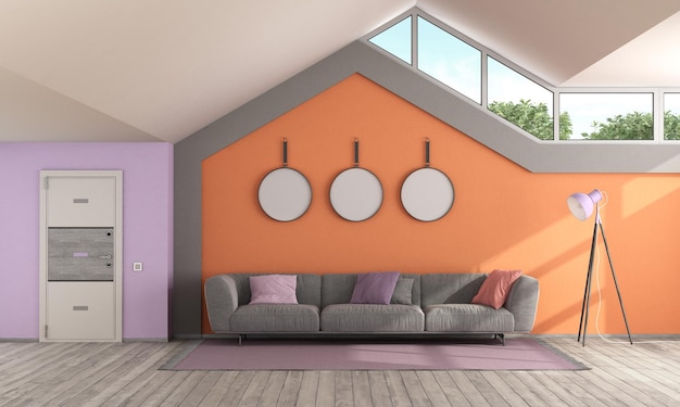 Colorful living room with front door and pitched roof 3d rendring