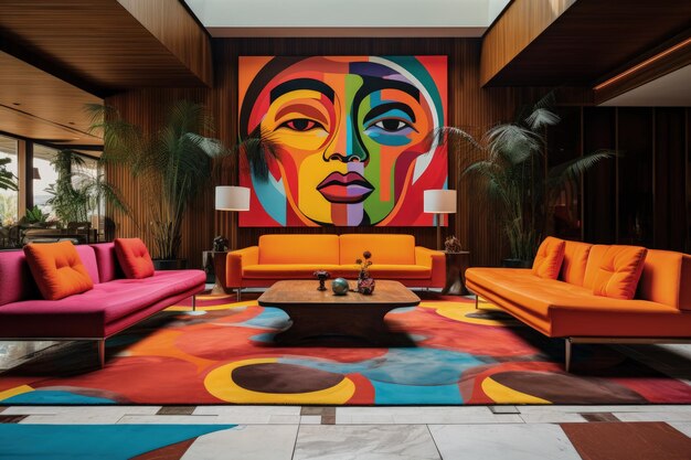 A colorful living room with a large painting on the wall