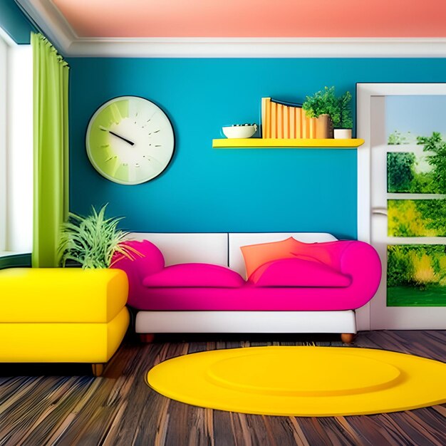 A colorful living room with a yellow couch and a clock on the wall.
