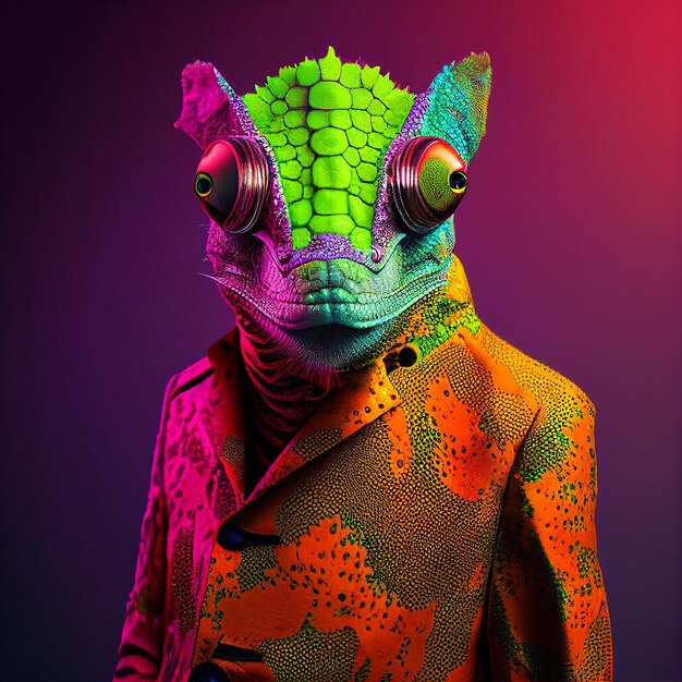 A colorful lizard wearing a jacket with a pattern of orange and green colors