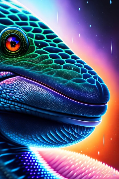 A colorful lizard with a blue eye and a red eye