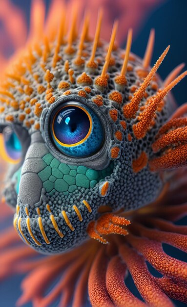 A colorful lizard with a blue eye and a red eye.