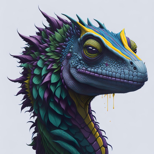 A colorful lizard with a blue and green head and purple and yellow eyes.