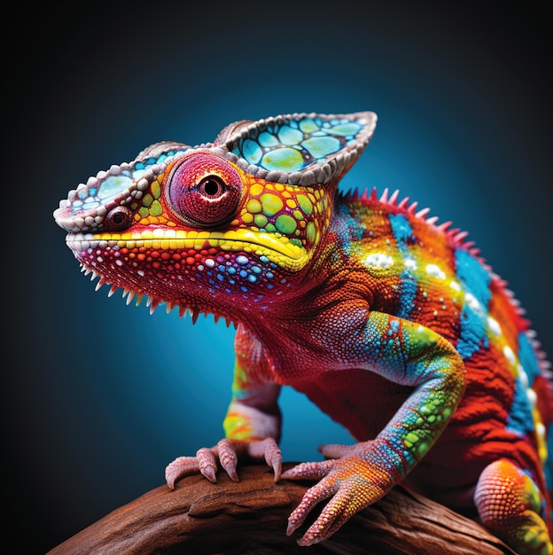 a colorful lizard with a colorful face and colorful markings on its head.