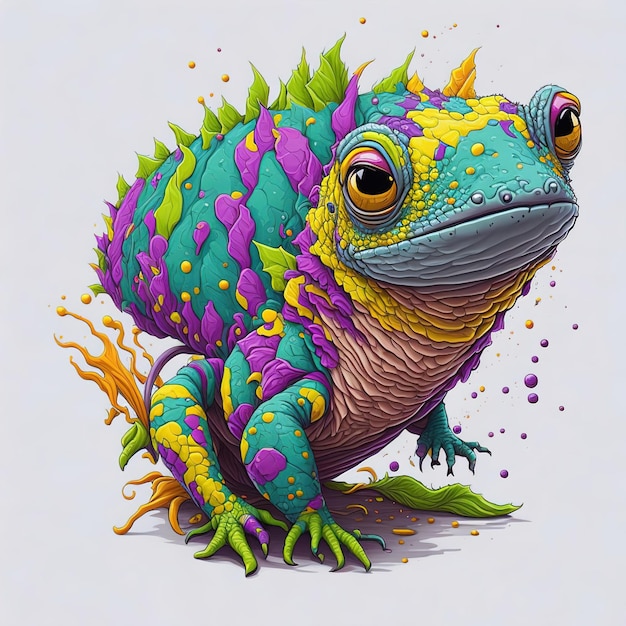 A colorful lizard with a green and purple head and a green head with a leaf on it.