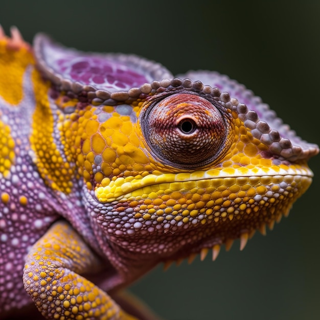 A colorful lizard with a large eye and a red eye.