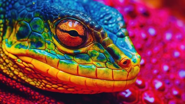 A colorful lizard with a red background