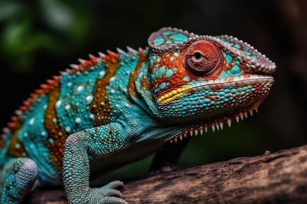 A colorful lizard with a red and blue head sits on a branch.