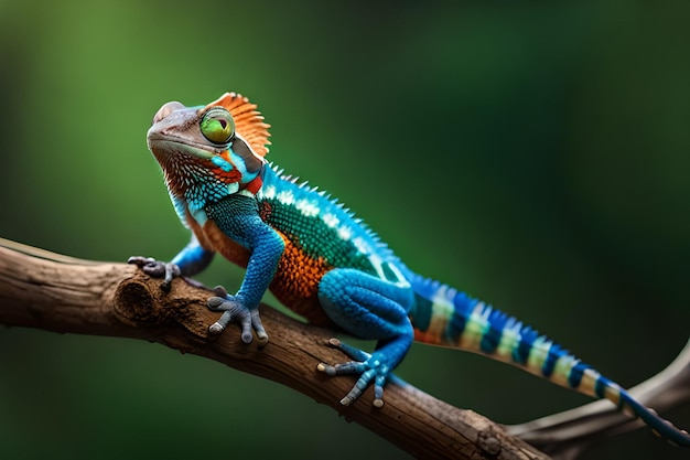 A colorful lizard with a red and blue tail sits on a branch.