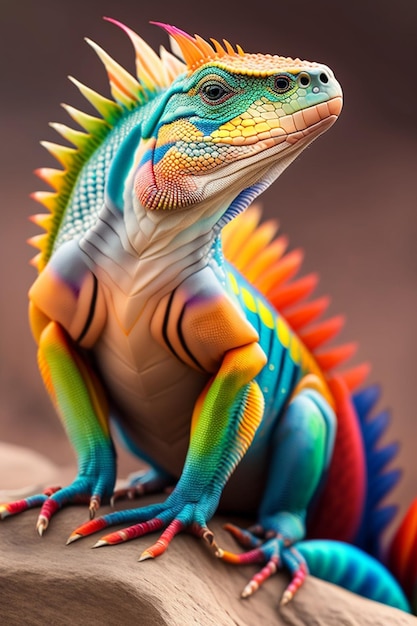 A colorful lizard with a sharp tail sits on a rock.