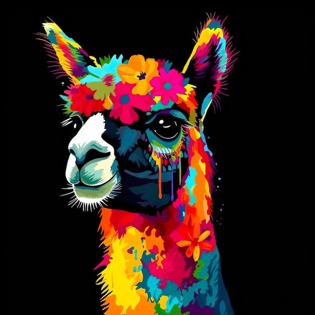 A colorful llama with a flower crown on its head generative ai image