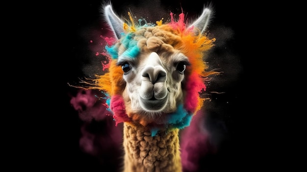 A colorful llama with vibrant hair against a black background created with Generative AI technology