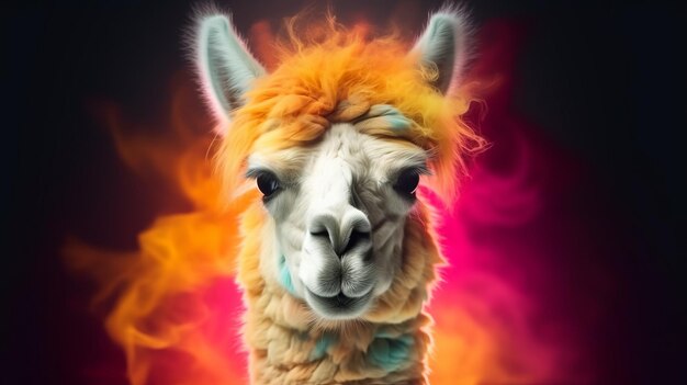 A colorful llama with a vibrant hairdo against a black background Generative AI