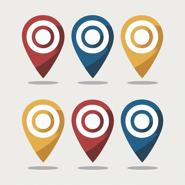 地図とGPSのためのカラフルな位置マーカー 赤青と黄色のバリエーションで6つのマーカーのイラスト