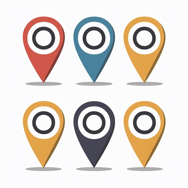 지도 및 GPS를 위한 다채로운 위치 마커 빨간색, 파란색 및 노란색 변형의 여섯 개의 마커의 일러스트레이션