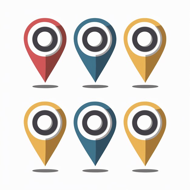 Colorful Location Markers for Mapping and GPS An Illustration of Six Markers in Red Blue and Yellow Variations