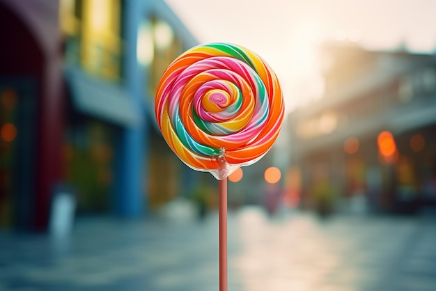 A colorful lollipop on the background of a city