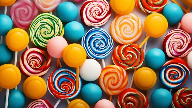 Colorful lollipop candies background top view generative ai