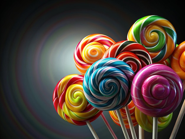 Foto lollipop colorato su uno sfondo scuro rainbow candy lolipop colorato swirl lollipop