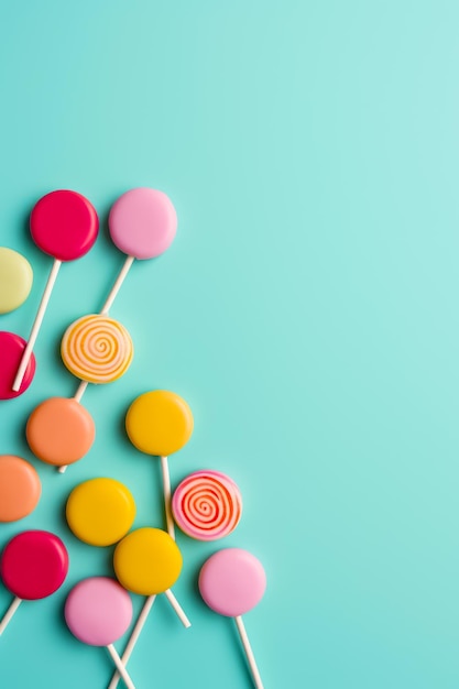 Colorful lollipops on blue background with pink and yellow lollipop Generative AI