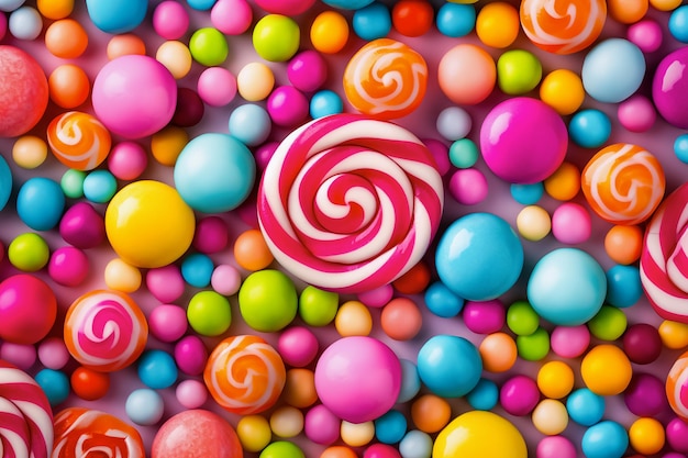 Colorful lollipops and candy background top view