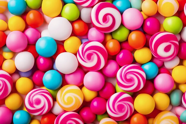 Colorful lollipops and candy background top view