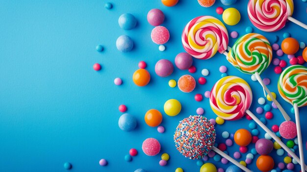 Colorful lollipops on colorful candy and colorful gumballs on blue background with copy space