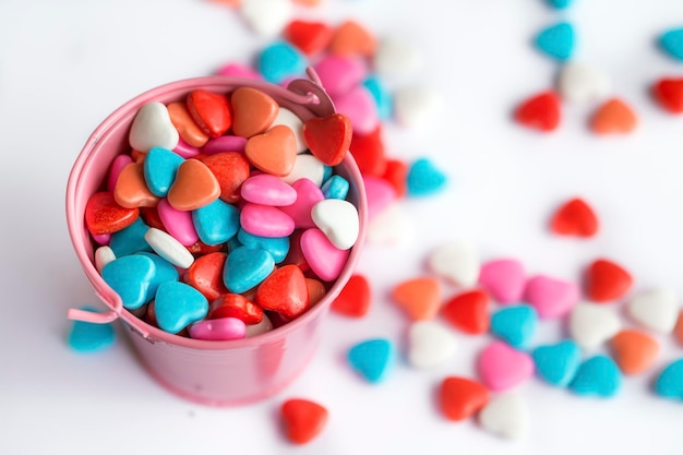 Colorful lollipops and different colored round candy. Top view.