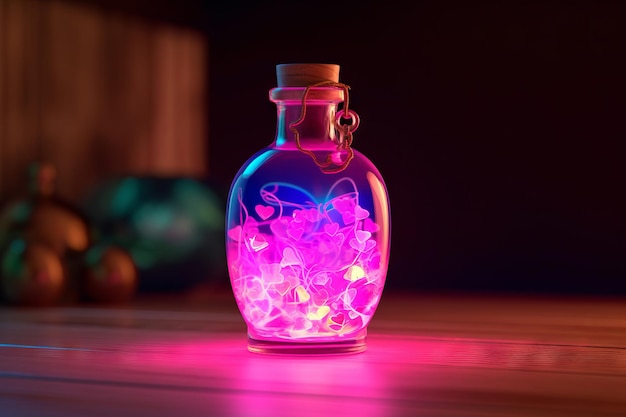 Colorful Love Potion Bottle on Wooden Table Neon Lights and Hearts Generative AI