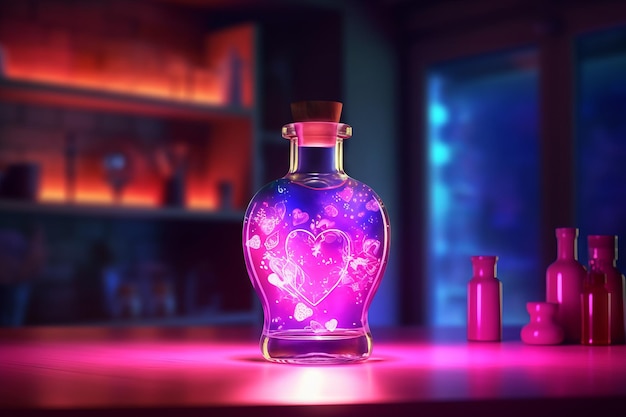 Colorful Love Potion Bottle on Wooden Table Neon Lights and Hearts Generative AI