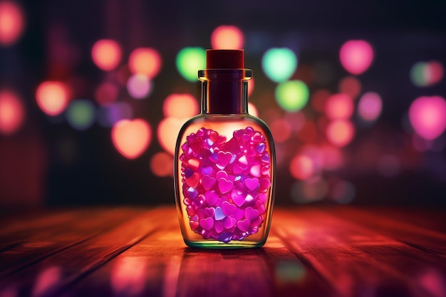 Colorful Love Potion Bottle on Wooden Table Neon Lights and Hearts Generative AI