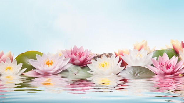 Colorful lovely flowers on water with splashing drop