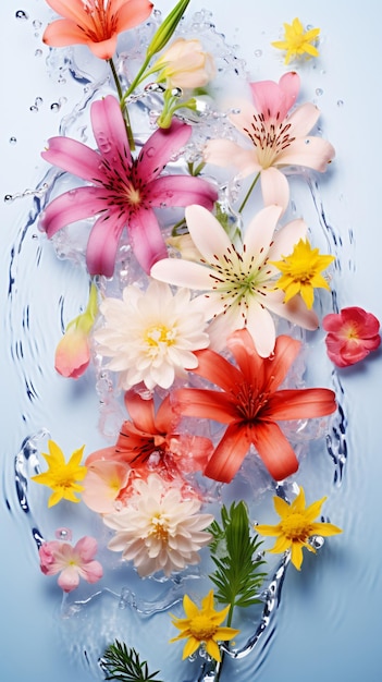 Colorful lovely flowers on water with splashing drop