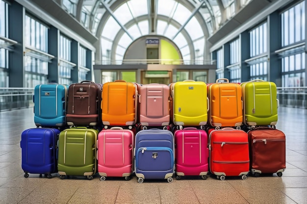 Colorful luggage suitcases at the airport Travel concept Generative AI illustration